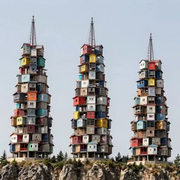 three large towers, made up of stacked squatter shacks and brutalist makeshift shelters with bright colours, suspended, suspending over a cliff, phase one, uniform plain sky, fine details, photographed by frans lanting