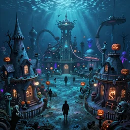 a horror based underwater suburban amusement park that incorporates halloween and ocean elements in its design imagery and features attractions as well as houses, halloween decorations, atlantis, amusement park, spooky, amusement park attractions, deep sea, horror themed, fun, in the style of stephen silver and harper groff and genndy tartakovsky