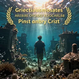 underwater video footage, a man walking on the underwater city.