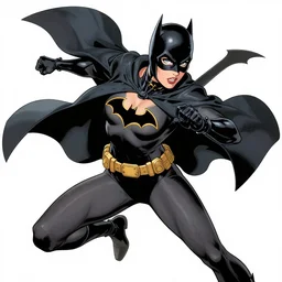in the style of Phil Noto comicbook cover art, Karen Gillan Batgirl, fun action pose, Symmetrical body, smile