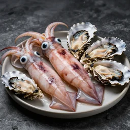 delicious whole live squid oysters with googly eyes, food blog photo