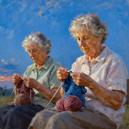 old ladies knitting, blue sky, summer evening, a painting by kenton nelson