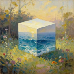 classicism oil painting, cube of the ocean in the middle of a garden, golden hour, soft light, soft gentle colors, in style of classicism mixed with sci - fi books art