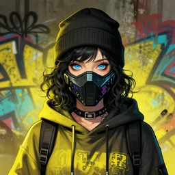 highly detailed portrait of a sewer punk student lady with blue eyes and hoody, beanie hat, cyber ninja face mask, black curly hair by atey ghailan, james gilleard, by joe fenton, by greg rutkowski, by greg tocchini, by kaethe butcher, 4 k resolution, gradient yellow, black, brown and cyan color scheme, grunge aesthetic!!! ( ( dystopian graffiti tag wall in background ) )