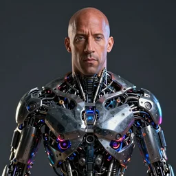 portrait of vin diesel, cyborg, terminator 2 : judgment day, fantasy, rule of thirds, intricate, neon highlights, octane render, detailed, beautiful, unreal engine, symmetrical, artstation, art by karol bak, art by artgerm, rossdraws, cinematic, concept art, filmic, vsco