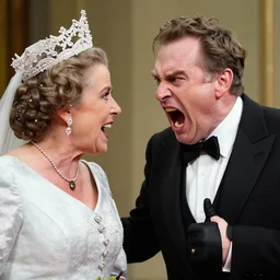 mean mister mustard seed, a photo of a mean old man shouting something obscene at the queen.