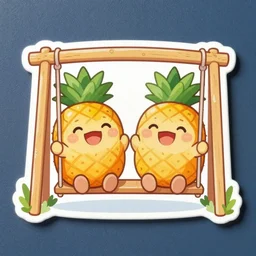 die cut sticker of anime chibi two laughing pineapples on a swing set
