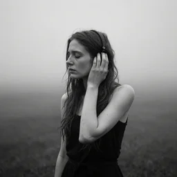 award winning photo of some despair as antonioni would depict it, she is 2 3, skinny and beautiful and listens to oathbreaker, she is deaf but still hears photo, black and white, the background is unsafe, insanely detailed, foggy like in norwegian black metal aesthetic