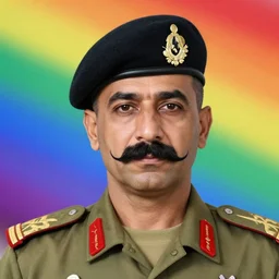 professional portrait of an arab military general with a big mustache wearing a beret, rainbow background, 8 k, intricate, detailed,