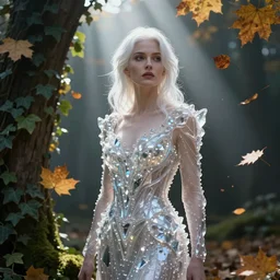 portrait of a white haired woman wearing a crystal dress, autumn leaves falling, dramatic volumetric lighting, god rays, global illumination, soft, sharp focus, sci-fi, ivy, moss, trending on artstation, intricate concept art by Greg Rutkowski and WhimmY