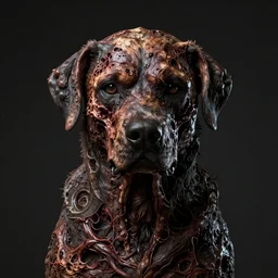 a render of centered detailed portrait of a deadly dog with rotten skin , by H. R. Giger and zdzisław Beksiński , unreal engine, 4k hd wallpaper:4 ,octane render, 16k, 8k, high res, well rendered, dslr, hyperreal:1.00, dark art