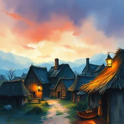 paint brush strokes, abstract watercolor painting of rustic village at dusk, straw roof, viking town, lantern, ambient lighting, art by hans dahl, by jesper ejsing, art by anders zorn, wonderful masterpiece by greg rutkowski, cinematic light, american romanticism by greg manchess, creation by tyler edlin