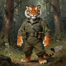 anthropomorphic furry tiger soldier wearing modern military gear in a forest, character design, painting by gaston bussiere, craig mullins, j. c. leyendecker, tom of finland