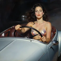 very low, wide angle, painting showing olivia munn driving exaggerated 1 9 3 0 s car with woman driving, shiny bikini, dramatic lighting, sultry, sensual, shiny, vargas, wlop, manara, moebius, elvgren, joshua middleton, artgerm