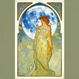 art nouveau poster of a woman looking at giant blue moon