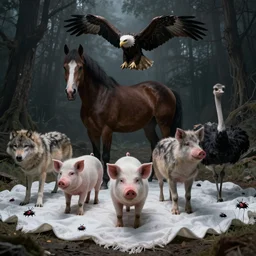 pigs, wolves, horses, eagles, vultures, bugs, and ostriches standing on a big white blanket, mysterious, creepy, digital art
