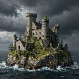 the ruins of a castle on an island, taken back by nature. dark stormy sea. intricate artwork by tooth wu and wlop and beeple. octane render, hyper realism, 8 k
