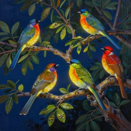 highly detailed realistic painting of birds glowing on tree at night, vibrant colors, award winning masterpiece painting, hyper realistic, concept art, 8 k detail post - processing