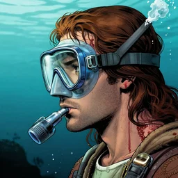 a profile photo of an saint with a diving oxygen mask with side profile blood in ocean intricate details by MARVEL comics and Sandra Chevrier-C
