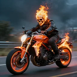 a man with a burning skull head riding a flaming motercycle