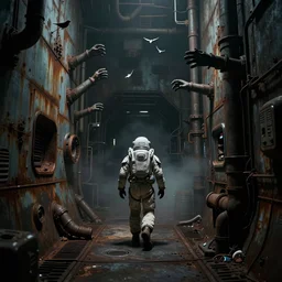 horror movie scene with moody colors of an individual in futuristic space suit walking through a deep space mining space station, the walls are rusted metal, broken pipes come out of the walls like hands, birds eye 3 / 4 angle, dark colors, muted colors, tense atmosphere, mist floats in the air, amazing value control, dead space, moody colors, dramatic lighting, frank frazetta