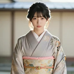 young woman wearing a luxurious kimono. serigraphy by award - winning mangaka, backlighting, intricate details, muted palette, depth of field.