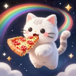 a Minecraft cat if it were the fluffiest cutest little block kitty to ever exist ever in the history of the known universe and holding a slice of delicious pepperoni pizza while floating through the cosmos with a cosmic rainbow trail billowing behind it mimicking the early internet meme Nyan cat