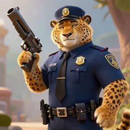 cheetah with high detail, in policeman suit with massive gun in the hand, zootopia stile, furry, realistic, warrior, cinematic keyframe, concept art, artstation trending, cgsociety, octane render, unreal engine 5, by wadim kashin, artherm, greg rutkowski, 8 k uhd