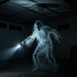 horror demon evil transparent spirit attacks in garage interior photo shot on iphone, dynamic pose, middle body shot, sharp focus, grainy, corpse, paranormal, long exposure, flashlight, night, total darkness, poltergeist, aberrations,