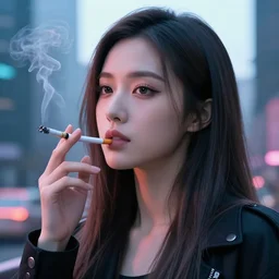 cyberpunk woman with long hair smoking a cigarette in a metropolis, high detail, curious eyes, blended shading, in the style of alphonse mucha and andree wallin and artgerm, artstation, half body portrait