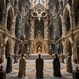 group of mankind species mages with enormous uroboros heads inside an ancient mage castle hall colossal scale, gothic and baroque, brutalist architecture, ultradetailed, intricate details by Ellen Jewett and Ayami Kojima