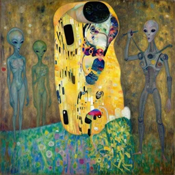 a painting of a aliens and cyborgs by graham sutherland, egon schiele, gustav klimt, expressionism