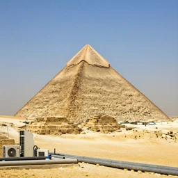 an Egyptian pyramid with modern infrastructure. Gas pipes, electricity, air conditioning units