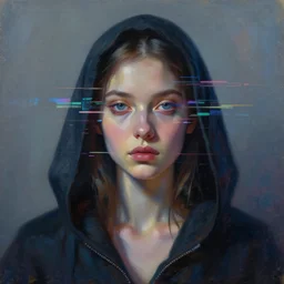 portrait of a hooded beautiful women, mysterious, glitch effects over the eyes, shadows, by Guy Denning, by Johannes Itten, by Russ Mills, glitch art, innocent, hacking effects, chromatic, cyberpunk, color blocking, oil on canvas, concept art, abstract