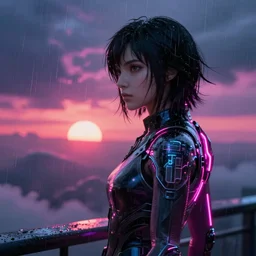 « glowing neon lights, sunrise, cyberpunk, alita battle angel, blade runner, rainy, cold, clouds, far view, photorealistic, unreal engine 5, attractive girl sharp focus »