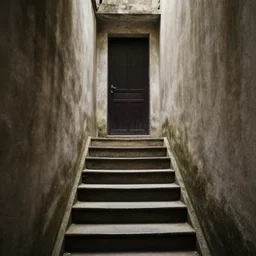 an old, rickety staircase leading up to a small, dark door, liminal space, familiar / unfamiliar