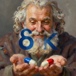 ( ( a beautiful 8 k photorealistic masterpiece oil - logo ) ( close up ) and ( zoom out ) ( of ( a philosopher with blue and red pill in his hands ) ( beard ( happy ) ) ) ( hyperrealism ) ( 1 6 k ) ( trending on artstation )