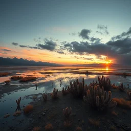 ''a beautiful hyper realistic detailled matte painting of a lagoon with a steppe set on delicate fire at late evening in the foreground and mountains in the background, barometric projection, by albert bierdstat and rembrandt and john howe, and martin johnson heade, featured on artstation, featured on behance, ultrawide angle, f 3 2, deph of field''
