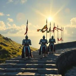 oil painting by jeremy mann, edwin church and frank dicksee. a procession of knights walking in single line on a winding stone steps, by piet oudolf. the knights have shiny armor and carry tall spears with multicolored ribbons fluttering in the wind. low angle sun, god rays. ultra clear detailed. iceland coast.