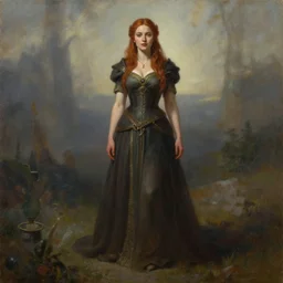 a full body high detail fantasy portrait oil painting illustration of young heather graham as a beautiful sophisticated singing bard woman by justin sweet with face and body clearly visible, in a scenic background, realistic proportions, d & d, rpg, forgotten realms, artstation trending, high quality, sombre mood, artstation trending, muted colours, entire person visible!