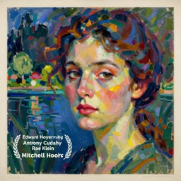an extreme close-up abstract portrait of a lady enshrouded in an impressionist representation of Mother Nature and the meaning of life by Edward Hopper and Igor Scherbakov, abstract colorful lake garden at night, thick visible brush strokes, figure painting by Anthony Cudahy and Rae Klein, vintage postcard illustration, minimalist cover art by Mitchell Hooks