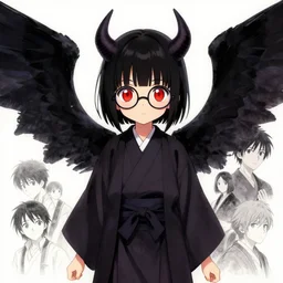 4k concept art of a cute japanese girl with big red eyes and demon wings and short black hair, wearing round glasses and a long robe, drawn by akihiko yoshida and tsutomu nihei and wadim kashin and john berkey and makoto shinkai and yoji shinkawa