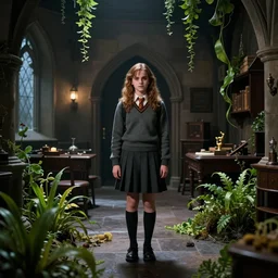 emma watson as hermione granger, wearing school uniform, alone, in an empty dark flooded hogwarts gryffindor common room, overgrown with aquatic plants