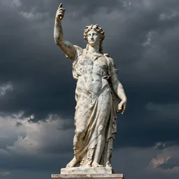 a large greek statue in the shape of dramatic dark cloud