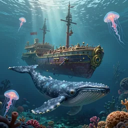 a highly detailed artstation concept art 8 k render of lost city deep seabed, james paick, greg rutkowski, sunken ship, whale, coral, jellyfish, cinematic lighting, peter mohrbacher, game asset, unreal engine, illustration, digital painting, sharp focus,, golden ratio, mythological, ultra realistic