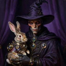 a close - up portrait painting of a dark alien wizard magician holding a steampunk rabbit. deep purple curtains in a gloomy dark background. highly detailed science - fiction painting by norman rockwell, moebius, frank frazetta, and syd mead. rich colors, high contrast. artstation