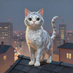 a fullbody pose of humanoid cat, beautiful clean oil painting a anthropomorphic cat in a cats city from the top of a roof pinterest, artstation trending, behance, silver, laser light, trending on furaffinity, backlighting, cartoon, by kawacy