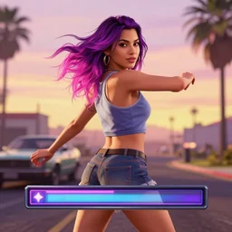 a stunning GTA V loading screen with a beautiful dancing woman with ombre purple pink hairstyle, hair blowing in the wind, sunset mood, outrun, vaporware, retro, digital art, trending on artstation