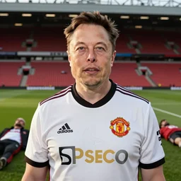 portrait photography of elon musk wearing a manchester united shirt at old trafford, dead bodies in the background, golden hour