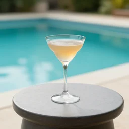 best cocktail glass sitting on a zen minimalist table in front of the vintage swimming pools, lush fog, deep blue mood, colorful, contemporary archival color photograph print from the original negative, by stanley kubrick